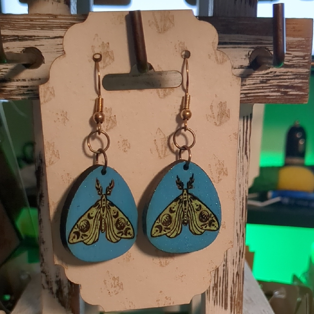 Handmade Luna Moth Wooden Dangle Earrings Blue Gold Boho Cottagecore